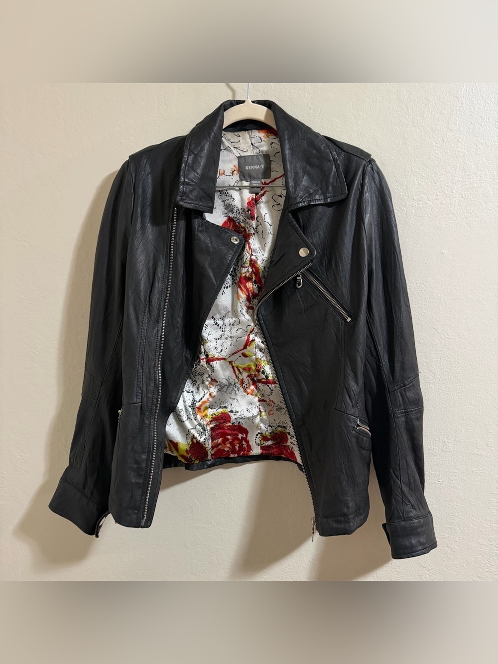 Kenna-T Washed Leather Moto Jacket Small Asymmetrical front zipper biker core